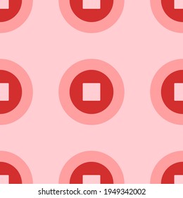 Seamless pattern of large isolated red stop media symbols. The elements are evenly spaced. Vector illustration on light red background