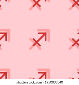 Seamless pattern of large isolated red zodiac sagittarius symbols. The elements are evenly spaced. Vector illustration on light red background