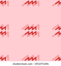 Seamless pattern of large isolated red zodiac aquarius symbols. The elements are evenly spaced. Vector illustration on light red background