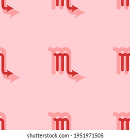 Seamless pattern of large isolated red zodiac scorpio symbols. The elements are evenly spaced. Vector illustration on light red background