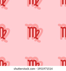 Seamless pattern of large isolated red zodiac virgo symbols. The elements are evenly spaced. Vector illustration on light red background
