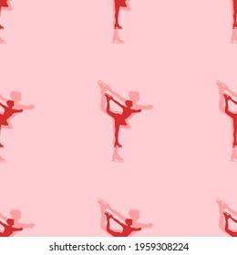 Seamless pattern of large isolated red figure skating symbols. The elements are evenly spaced. Vector illustration on light red background