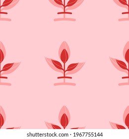 Seamless pattern of large isolated red sprout symbols. The elements are evenly spaced. Vector illustration on light red background