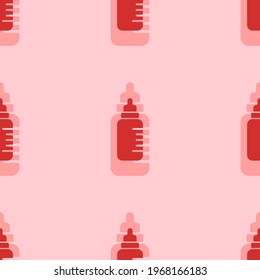 Seamless pattern of large isolated red feeding bottle symbols. The elements are evenly spaced. Vector illustration on light red background