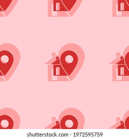 Seamless pattern of large isolated red real estate location symbols. The elements are evenly spaced. Vector illustration on light red background