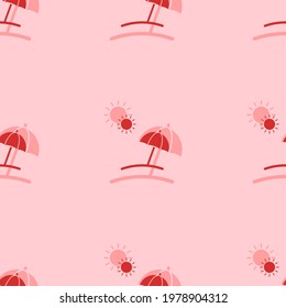 Seamless pattern of large isolated red beach symbols. The elements are evenly spaced. Vector illustration on light red background