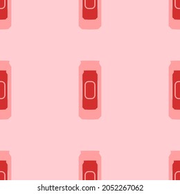 Seamless pattern of large isolated red beer can symbols. The elements are evenly spaced. Vector illustration on light red background