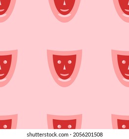 Seamless pattern of large isolated red theatrical masks. The elements are evenly spaced. Vector illustration on light red background