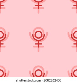 Seamless pattern of large isolated red astrological pluto symbols. The elements are evenly spaced. Vector illustration on light red background