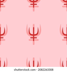 Seamless pattern of large isolated red astrological neptune symbols. The elements are evenly spaced. Vector illustration on light red background