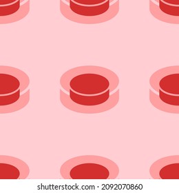 Seamless pattern of large isolated red hockey pucks. The elements are evenly spaced. Vector illustration on light red background