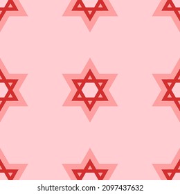 Seamless pattern of large isolated red star of David symbols. The elements are evenly spaced. Vector illustration on light red background