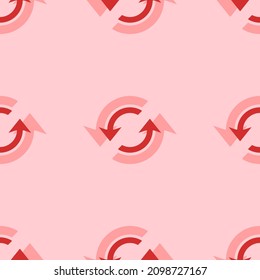 Seamless pattern of large isolated red refresh symbols. The elements are evenly spaced. Vector illustration on light red background
