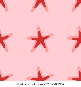 Seamless pattern of large isolated red starfish symbols. The elements are evenly spaced. Vector illustration on light red background