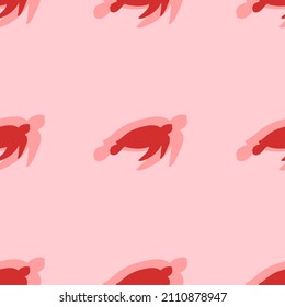Seamless pattern of large isolated red sea turtle symbols. The elements are evenly spaced. Vector illustration on light red background