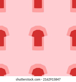 Seamless pattern of large isolated red t-shirt symbols. The elements are evenly spaced. Vector illustration on light red background