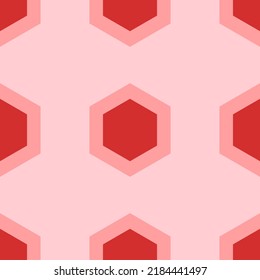 Seamless pattern of large isolated red hexagon symbols. The elements are evenly spaced. Vector illustration on light red background