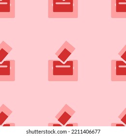 Seamless pattern of large isolated red vote symbols. The elements are evenly spaced. Vector illustration on light red background