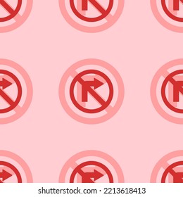 Seamless Pattern Of Large Isolated Red No Right Turn Signs. The Elements Are Evenly Spaced. Vector Illustration On Light Red Background