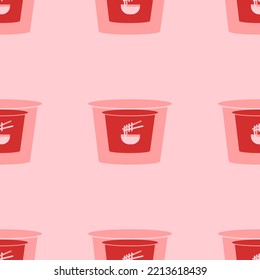 Seamless pattern of large isolated red instant noodles symbols. The elements are evenly spaced. Vector illustration on light red background