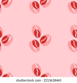 Seamless pattern of large isolated red coffee beans symbols. The elements are evenly spaced. Vector illustration on light red background