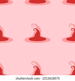 Seamless pattern of large isolated red witch hat symbols. The elements are evenly spaced. Vector illustration on light red background