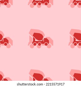 Seamless pattern of large isolated red concrete mixer truck symbols. The elements are evenly spaced. Vector illustration on light red background