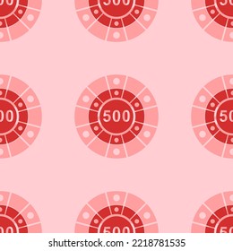 Seamless pattern of large isolated red poker chip symbols. The elements are evenly spaced. Vector illustration on light red background