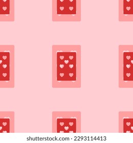 Seamless pattern of large isolated red seven of hearts playing cards. The elements are evenly spaced. Vector illustration on light red background