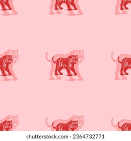 Seamless pattern of large isolated red tiger symbols. The elements are evenly spaced. Vector illustration on light red background