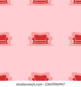 Seamless pattern of large isolated red sofa symbols. The elements are evenly spaced. Vector illustration on light red background