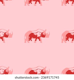 Seamless pattern of large isolated red rhinoceros symbols. The elements are evenly spaced. Vector illustration on light red background