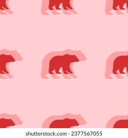 Seamless pattern of large isolated red bear icons. The elements are evenly spaced. Vector illustration on light red background
