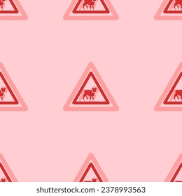 Seamless pattern of large isolated red pets road signs. The elements are evenly spaced. Vector illustration on light red background