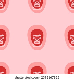 Seamless pattern of large isolated red gorilla heads. The elements are evenly spaced. Vector illustration on light red background