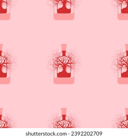 Seamless pattern of large isolated red mystical tree in bottle symbols. The elements are evenly spaced. Vector illustration on light red background