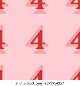 Seamless pattern of large isolated red number four symbols. The elements are evenly spaced. Vector illustration on light red background