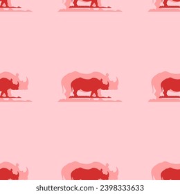 Seamless pattern of large isolated red wild rhino symbols. The elements are evenly spaced. Vector illustration on light red background