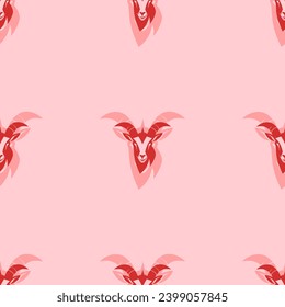 Seamless pattern of large isolated red goat head symbols. The elements are evenly spaced. Vector illustration on light red background