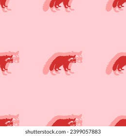 Seamless pattern of large isolated red raccoon symbols. The elements are evenly spaced. Vector illustration on light red background