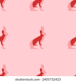 Seamless pattern of large isolated red hare symbols. The elements are evenly spaced. Vector illustration on light red background