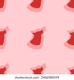 Seamless pattern of large isolated red wolf head symbols. The elements are evenly spaced. Vector illustration on light red background