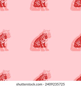 Seamless pattern of large isolated red sitting tiger symbols. The elements are evenly spaced. Vector illustration on light red background