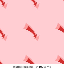 Seamless pattern of large isolated red down arrows. The elements are evenly spaced. Vector illustration on light red background