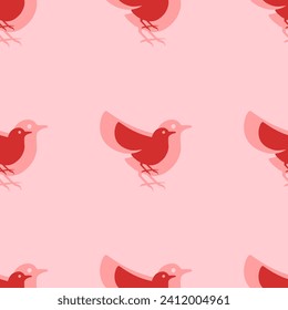 Seamless pattern of large isolated red bird symbols. The elements are evenly spaced. Vector illustration on light red background
