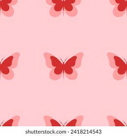 Seamless pattern of large isolated red butterfly symbols. The elements are evenly spaced. Vector illustration on light red background