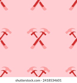 Seamless pattern of large isolated red crossed hammers symbols. The elements are evenly spaced. Vector illustration on light red background