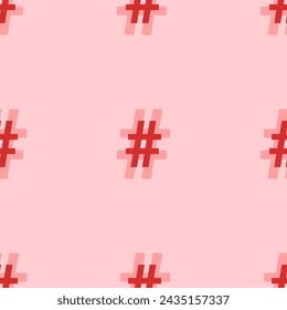 Seamless pattern of large isolated red hash symbols. The elements are evenly spaced. Vector illustration on light red background