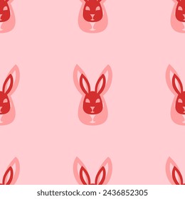 Seamless pattern of large isolated red cute hare head symbols. The elements are evenly spaced. Vector illustration on light red background