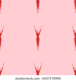 Seamless pattern of large isolated red woman stretches symbols. The elements are evenly spaced. Vector illustration on light red background